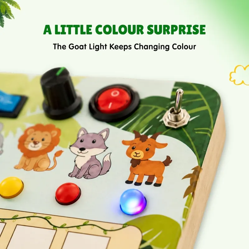 Close-up of the Jungle Piano: the lion, wolf and goat, with the goat's light glowing in changing colours