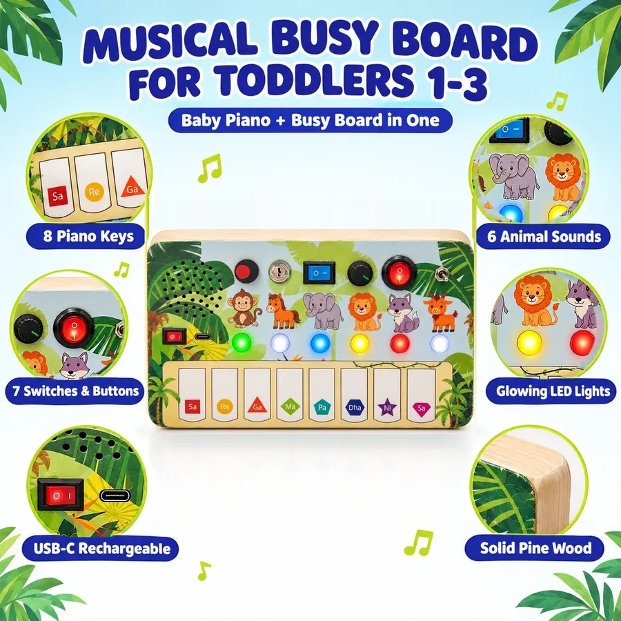 Musical busy board for toddlers 1-3: 8 piano keys, 6 animal sounds, 7 switches and buttons, glowing LED lights, USB-C rechargeable, solid pine wood