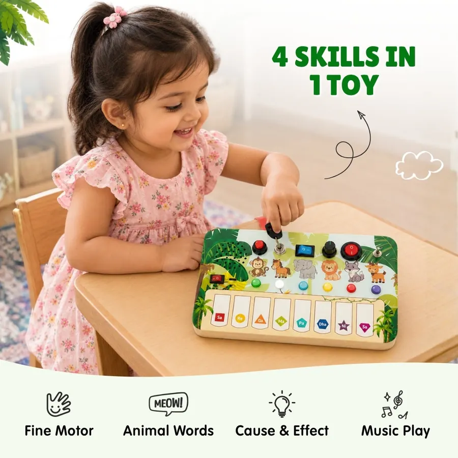 A little girl playing the Jungle Piano at a table, with icons for fine motor, animal words, cause and effect, and music play