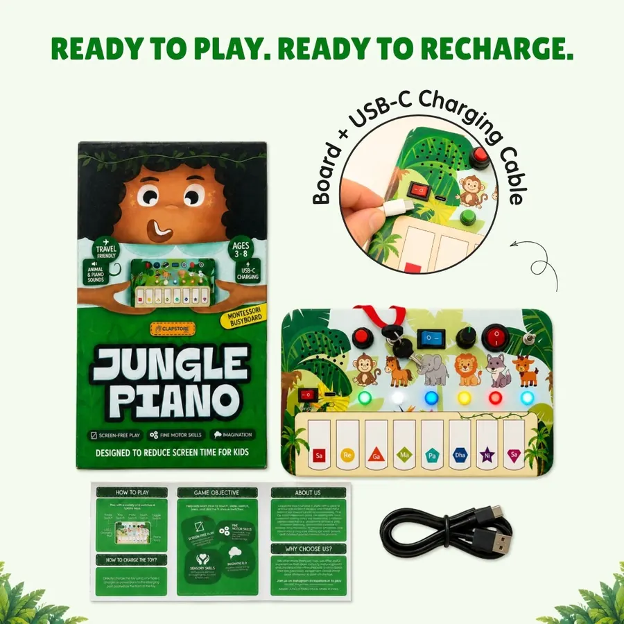 What comes in the box: the Jungle Piano board, its printed gift box, play cards and a USB-C charging cable