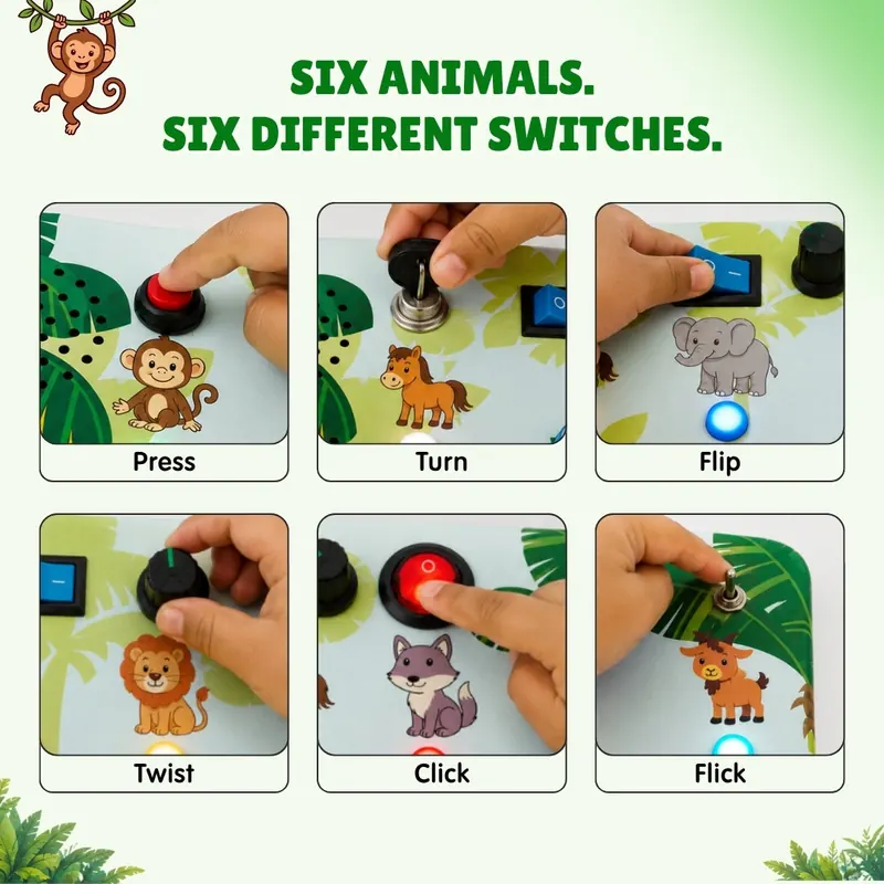 Six animals, six different switches: press, turn, flip, twist, click and flick, each shown with a child's finger