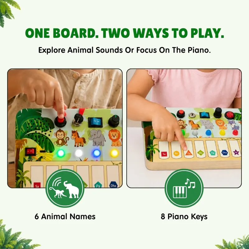 One board, two ways to play: a finger pressing an animal button, and small hands playing the piano keys